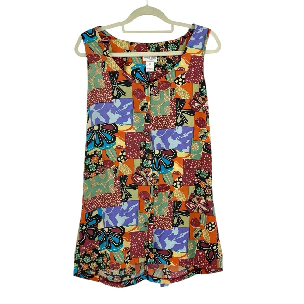 Vintage Robert Stock 100% Silk Patchwork Tunic Dress Sleeveless Button Front, M